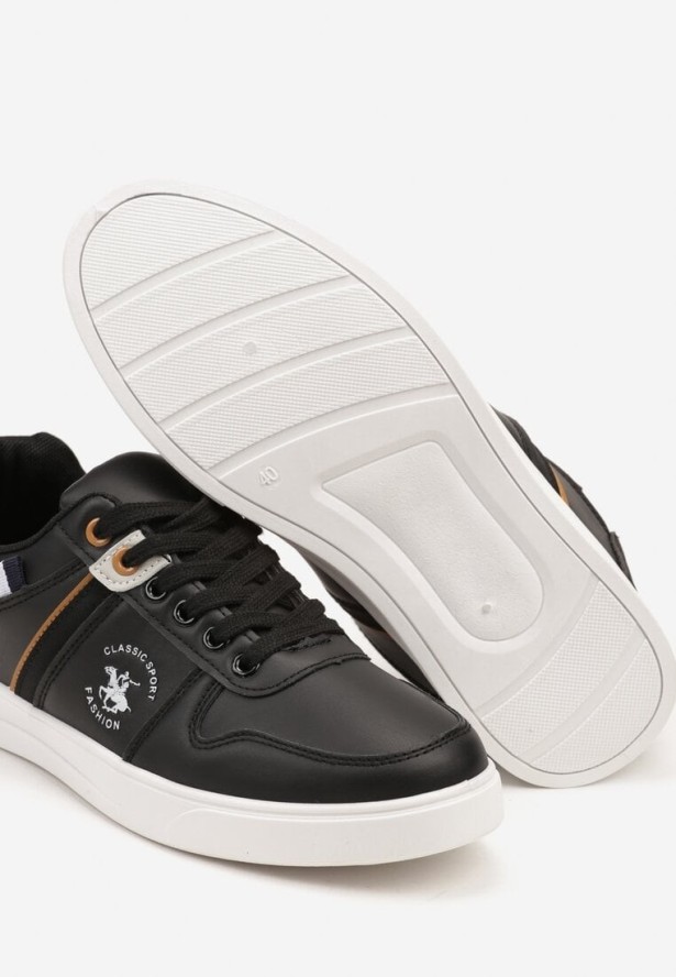 Czarne Płaskie Buty Sportowe Sneakersy Ozdobione Paskami ze Sznurowaniem Mlilora