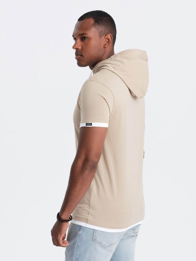 Męski casualowy t-shirt bawełniany z kapturem – beżowy V5 OM-TSCT-22SS-001 - XXL
