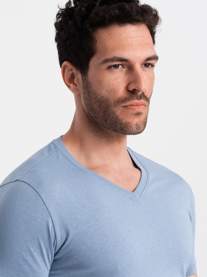 Klasyczna męska bawełniana koszulka z dekoltem w serek BASIC – niebieska V20 OM-TSBS-0145 - XXL