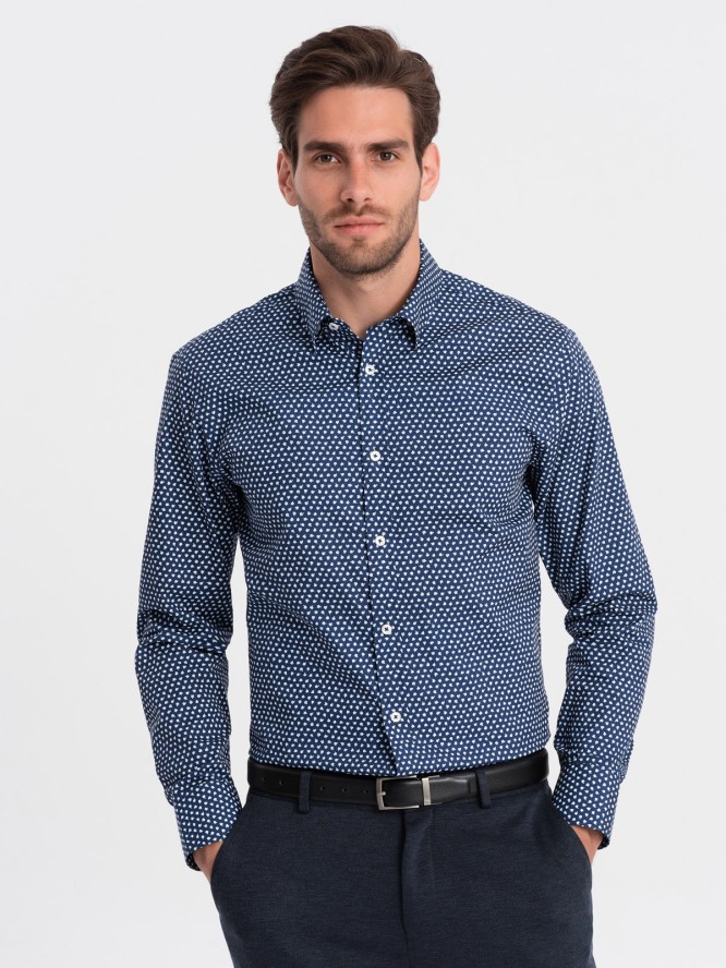 Męska koszula w drobny wzór SLIM FIT - granatowa V1 OM-SHCS-0140 - XXL