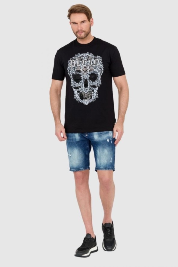 PHILIPP PLEIN Czarny męski t-shirt z czaszką zdobioną dżetami