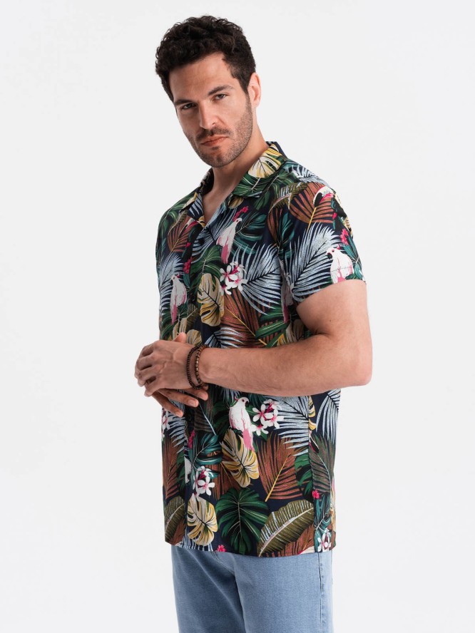 Wzorzysta męska koszula wiskozowa z krótkim rękawem – dżungla V10 OM-SHPS-0113 - L