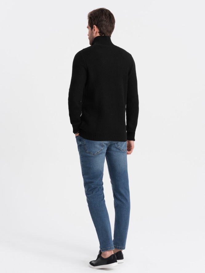 Dzianinowy sweter męski z rozpinaną stójką - czarny V3 OM-SWZS-0105 - XXL