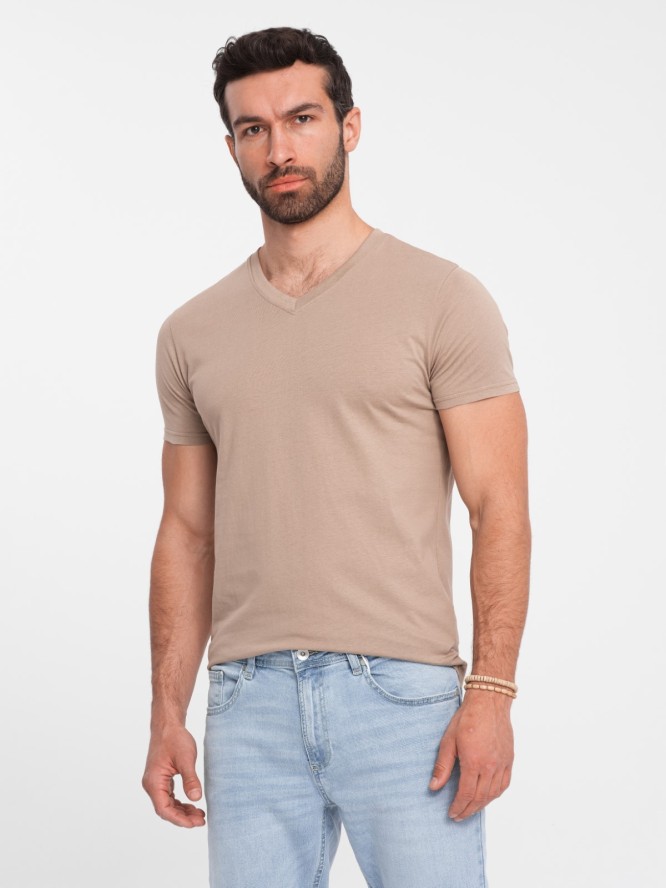 Męska klasyczna bawełniana koszulka z dekoltem w serek BASIC – popielata V21 OM-TSBS-0145 - XXL