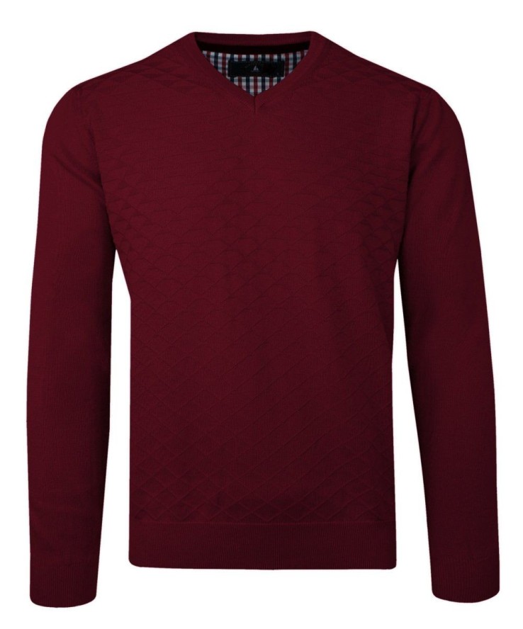 Sweter Bordowy w Serek, Bawełniany, Tłoczony Wzór, V-neck, Męski -BARTEX