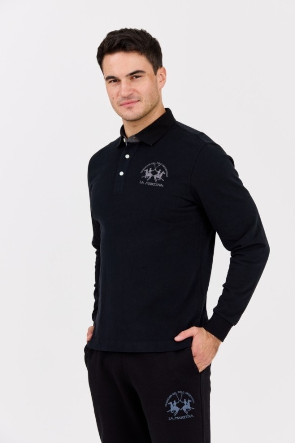 LA MARTINA Czarny męski longsleeve polo HEAVY JERSEY