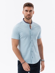 Koszula męska dzianinowa z krótkim rękawem i kolorową stójką – błękitna V3 OM-SHSS-0101 - XXL