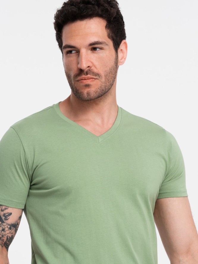 Bawełniana klasyczna męska koszulka z dekoltem w serek BASIC – zielona V11 OM-TSBS-0145 - XXL
