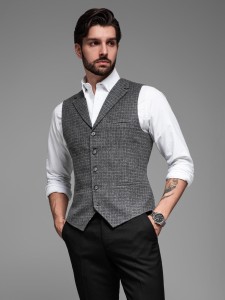 Elegancka kamizelka męska w kratkę z klapami – czarna V3 OM-BLZV-0110 - XXL