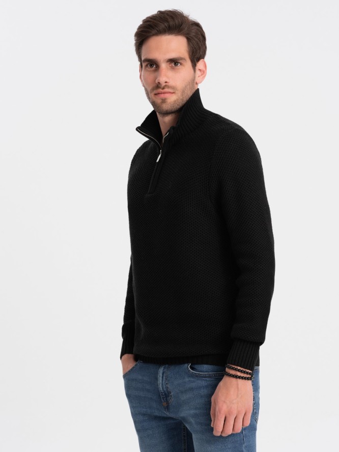 Dzianinowy sweter męski z rozpinaną stójką - czarny V3 OM-SWZS-0105 - XXL