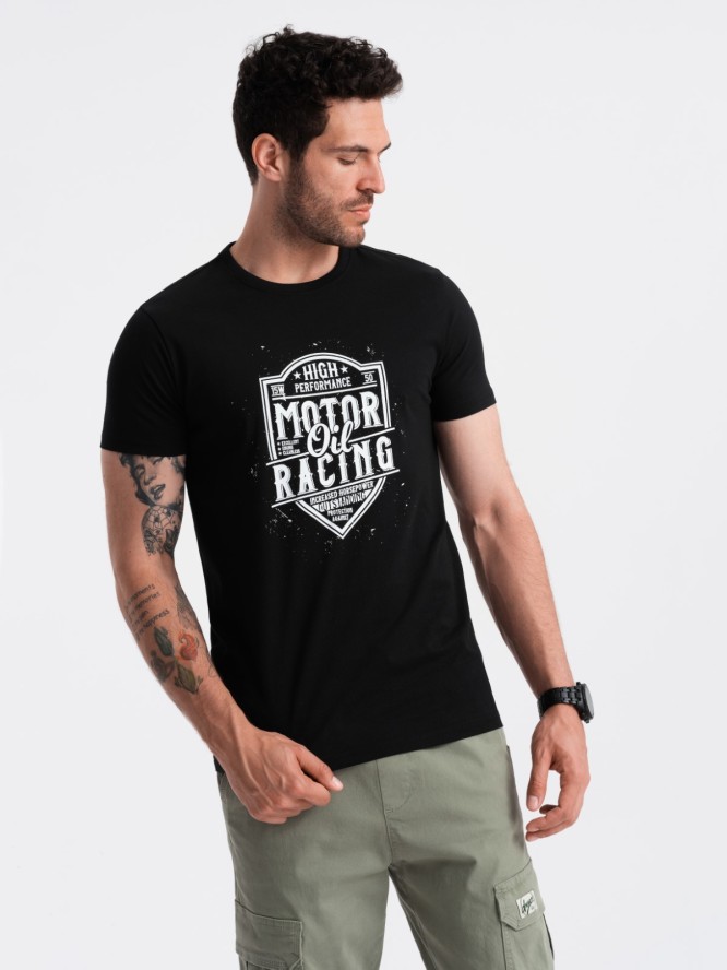 T-shirt męski z nadrukiem w stylu motocyklowym – czarny V1 OM-TSPT-0125 - XXL