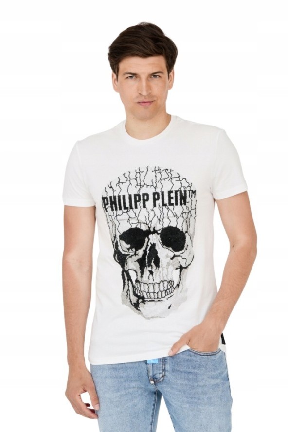 PHILIPP PLEIN T-shirt biały z popękaną czaszką