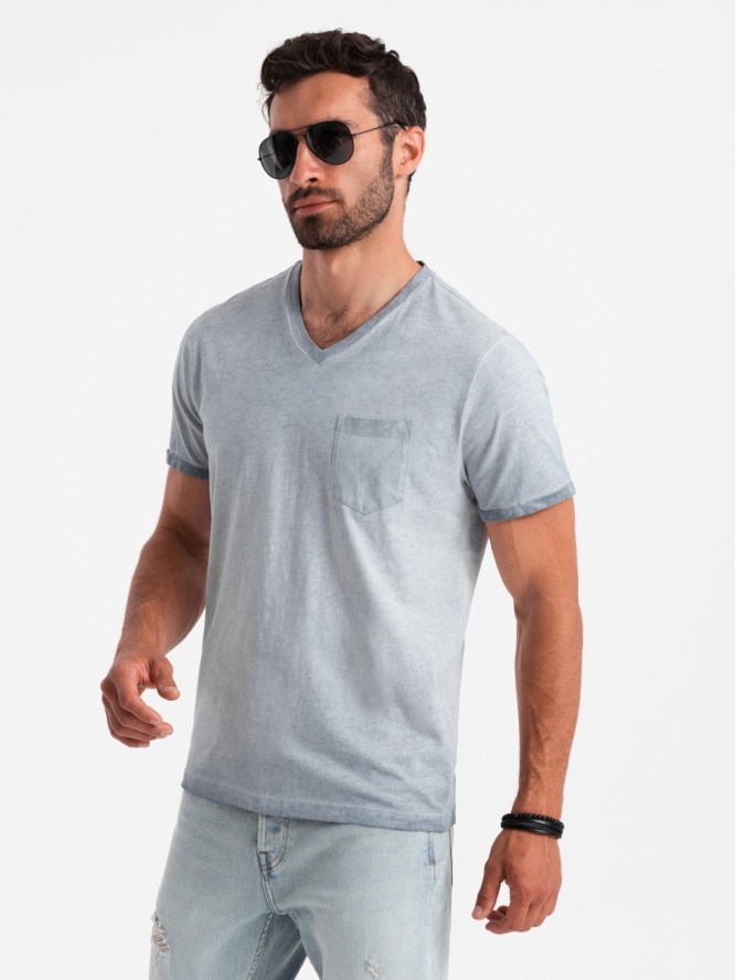 T-shirt męski V-neck o pręgowanej strukturze z kieszonką – szary V8 OM-TSCT-22SS-002 - XXL