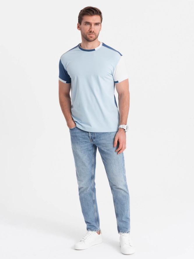 Męski t-shirt z elastanem z kolorowymi rękawami - niebieski V2 OM-TSCT-0176 - XXL