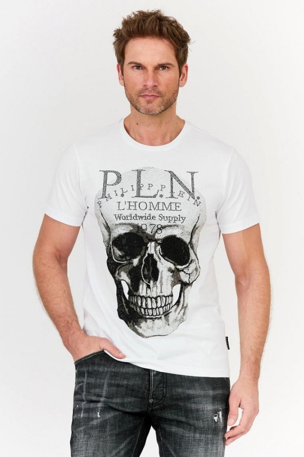 PHILIPP PLEIN Biały t-shirt Platinum cut round neck skull