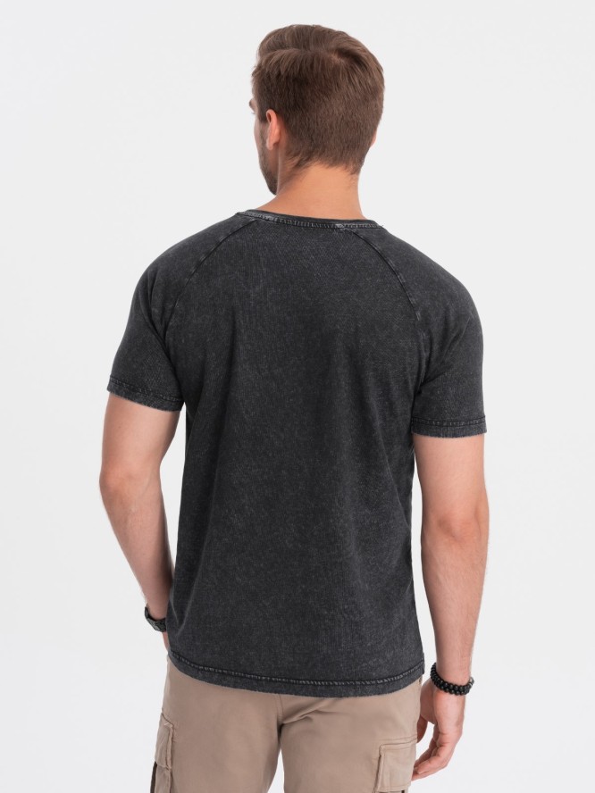 T-shirt męski z dekoltem henley - czarny V1 S1757 - L