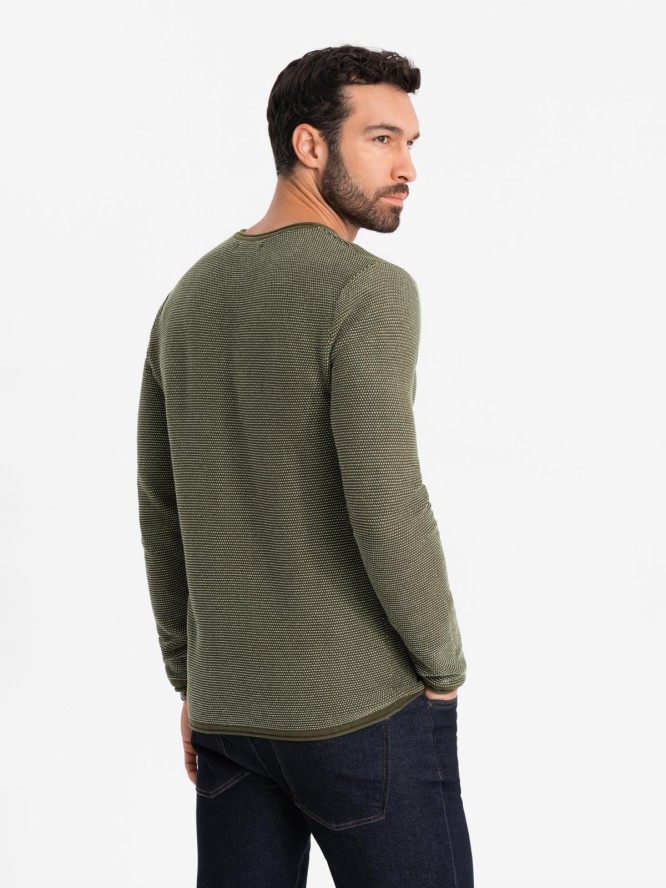 Dzianinowy męski sweter w strukturalne kropki – oliwkowy V2 OM-SWSW-0118 - XXL