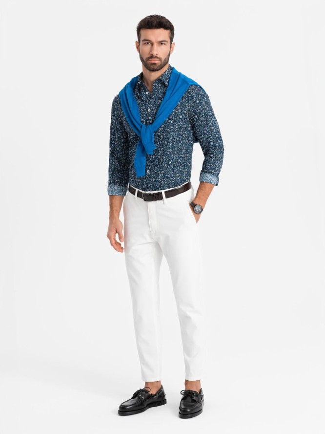 Męska koszula bawełniana we wzory SLIM FIT - ciemnoniebieska V1 OM-SHCS-0151 - XL