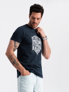 T-shirt męski z nadrukiem w stylu motocyklowym – granatowy V4 OM-TSPT-0125 - XXL