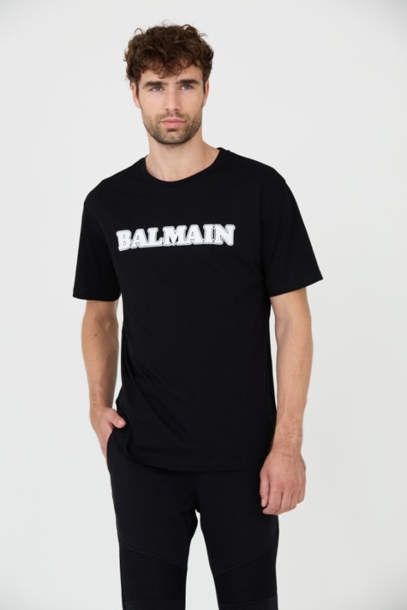 BALMAIN Czarny t-shirt z białym logo Retro Balmain Flock