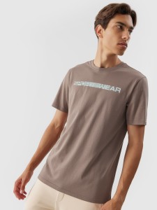T-shirt regular z nadrukiem męski - brązowy