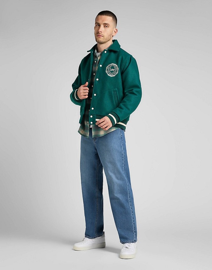 LEE VARSITY JACKET MĘSKA KURTKA PRZEJŚCIOWA LOGO NADRUK ESMERALDA L87TDB96