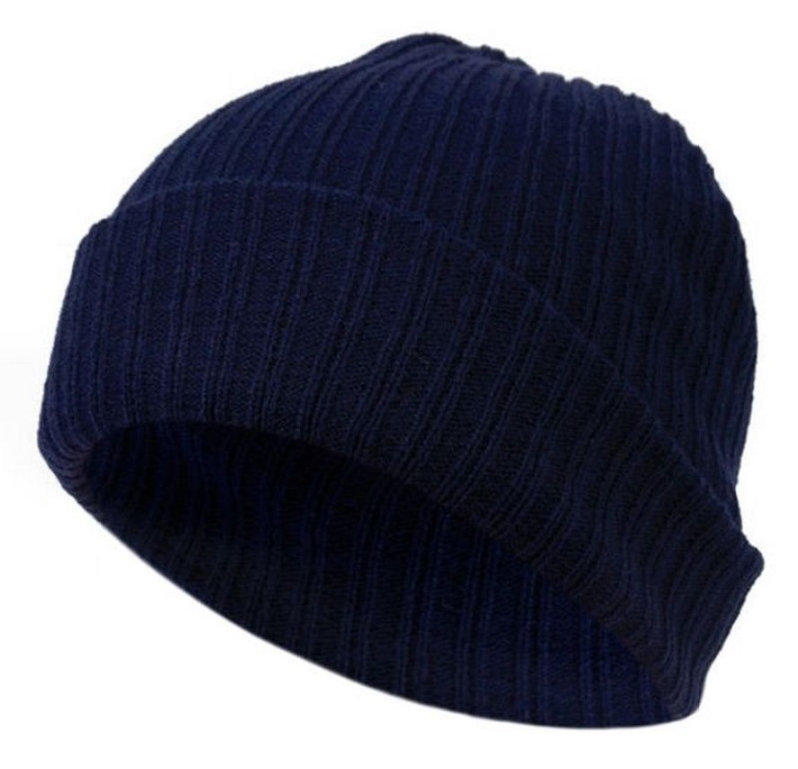 Granatowa Męska Czapka, Prążkowana Beanie, Jesienno-Zimowa