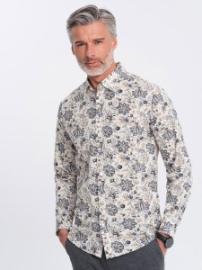 Męska koszula SLIM FIT we wzór florystyczny - beżowo-szara V1 OM-SHPS-0139 - XXL