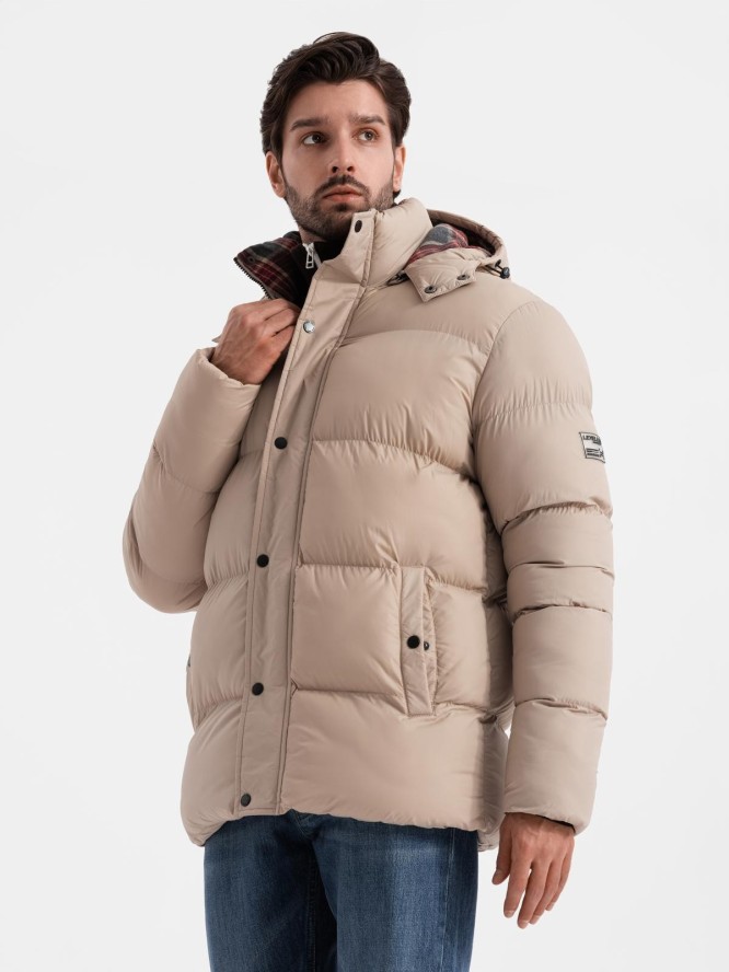 Męska kurtka puffer z podszewką w kratę – beżowa V2 OM-JAHP-0205 - XXL