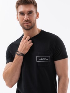 T-shirt męski bawełniany z nadrukiem na kieszonce - czarny V1 S1742 - M