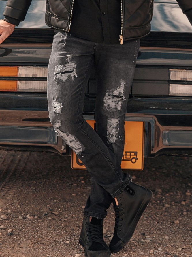 Spodnie męskie jeansowe z dziurami SLIM FIT - czarne V3 P1065 - M
