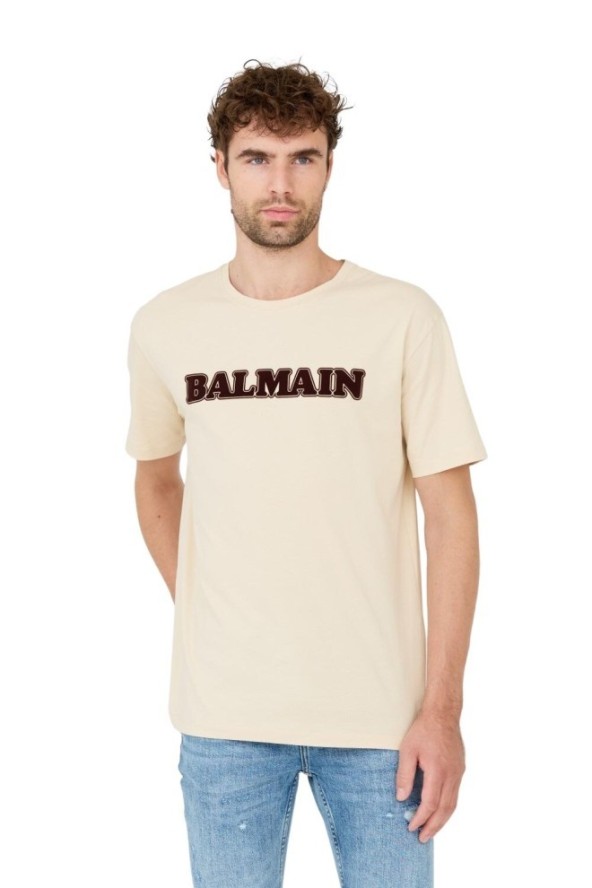 BALMAIN Beżowy t-shirt Retro Balmain Flock
