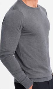 Klasyczny sweter męski z wiskozą BASIC z okrągłym dekoltem – szary melanż V1 OM-SWBS-0106 - XXL