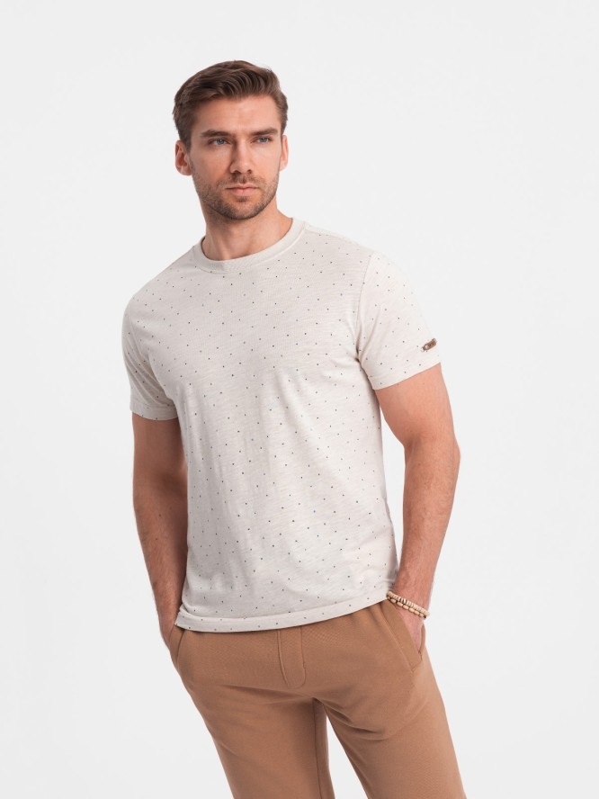 T-shirt męski fullprint z kolorowymi literami - jasnobeżowy V1 OM-TSFP-0185 - XXL