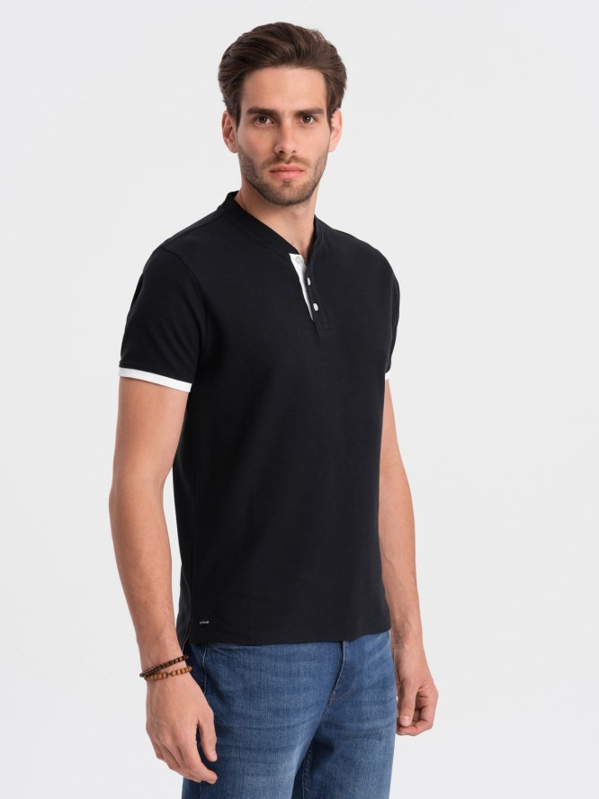 Męska koszulka polo bez kołnierzyka - czarna V8 OM-TSCT-0156 - XXL