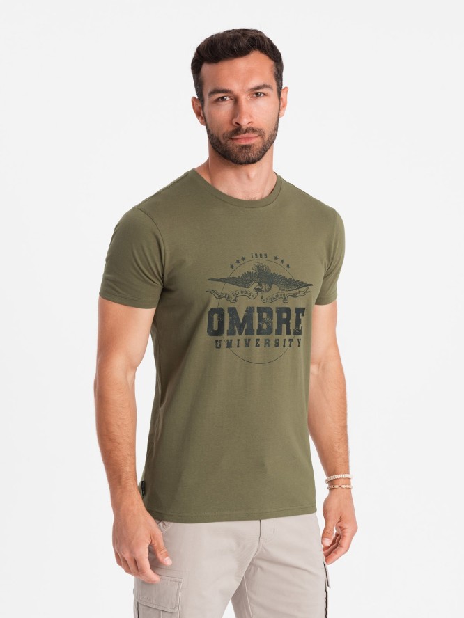 T-shirt męski bawełniany z printem militarnym - khaki V2 OM-TSPT-0164 - XXL