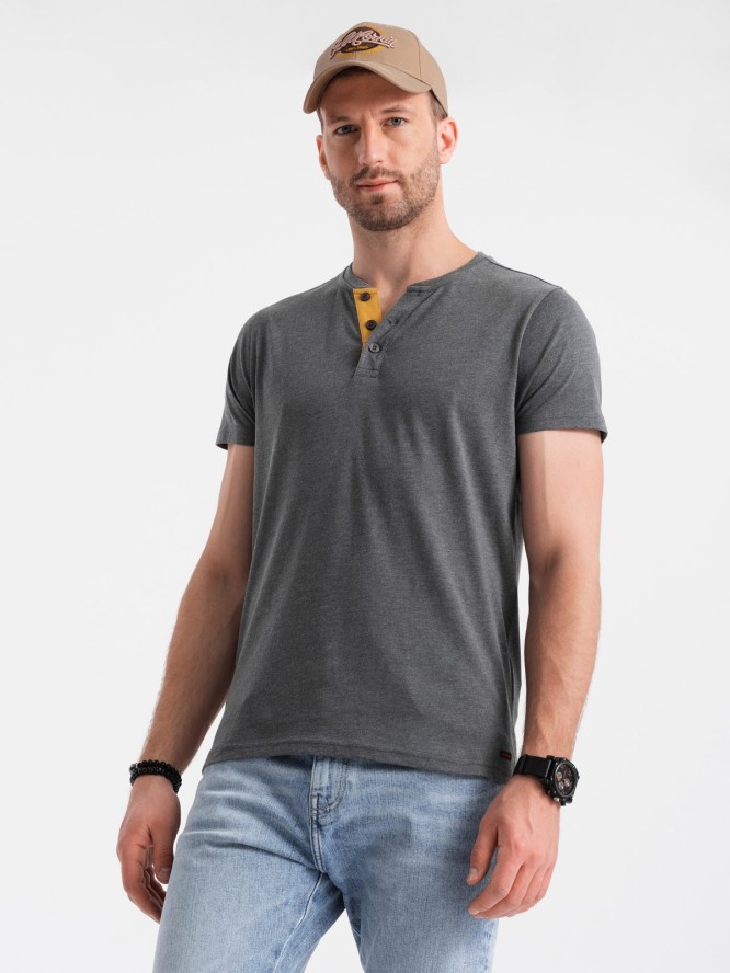 T-shirt męski z okrągłym rozpinanym dekoltem henley – grafitowy V6 OM-TSCT-0155 - XXL