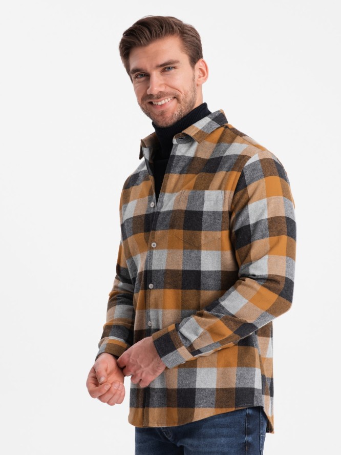 Flanelowa koszula męska w kratę - żółto-czarna V2 OM-SHCS-0150 - XXL