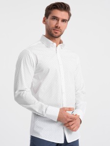 Klasyczna męska bawełniana koszula SLIM FIT w mikro wzór - biała V1 OM-SHCS-0156 - XXL