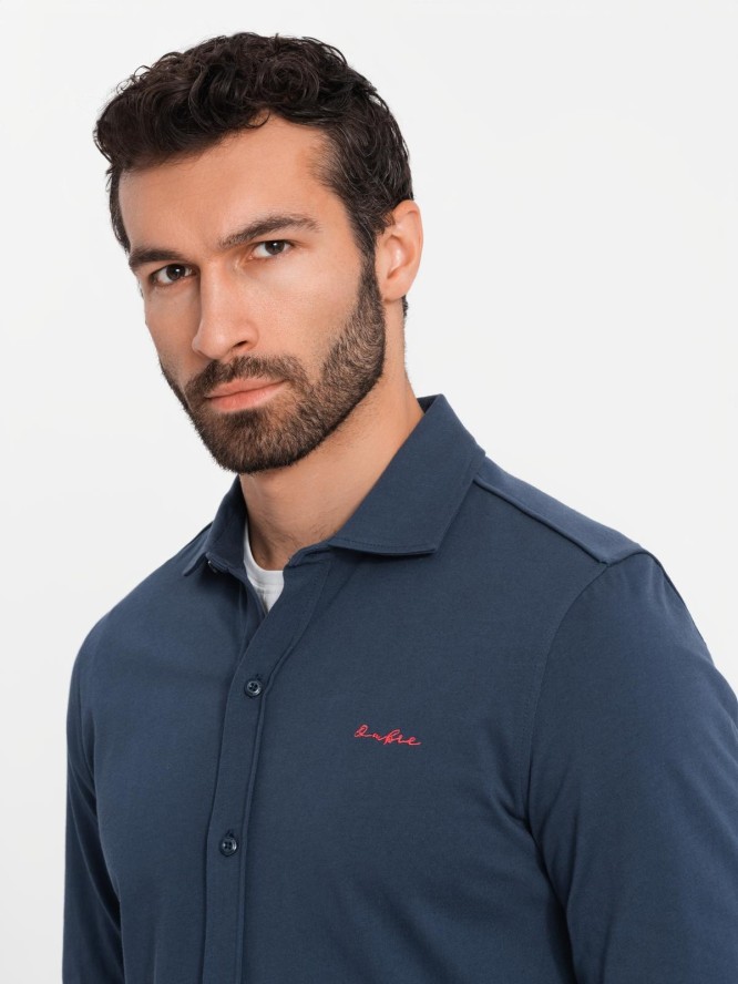 Koszula męska bawełniana REGULAR z dzianiny single jersey - granatowa V2 OM-SHCS-0138 - XXL