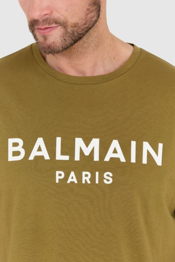 BALMAIN Zielony t-shirt męski z drukowanym białym logo