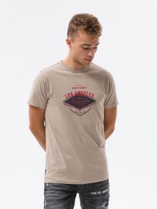 T-shirt męski z nadrukiem - beżowy V-21D S1434 - XXL