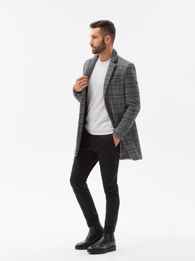 Jednorzędowy płaszcz męski w kratę - czarny V2 C499 - XL