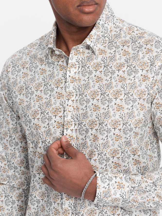 Męska koszula SLIM FIT we wzór florystyczny - beżowa V2 OM-SHPS-0139 - XXL