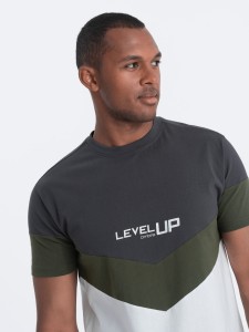 T-shirt męski bawełniany trójkolorowy z logo - grafitowo-oliwkowy V9 S1747 - XXL