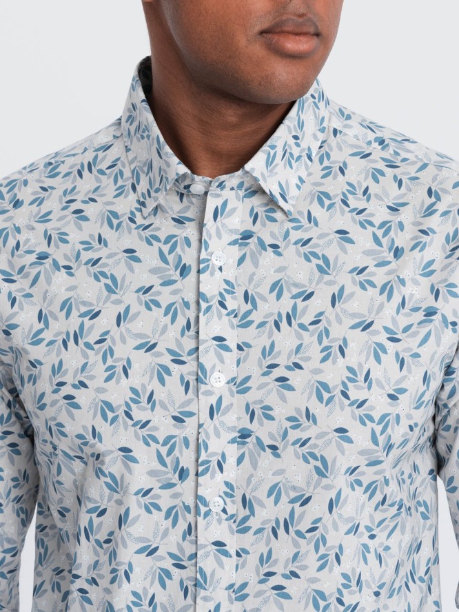 Koszula męska SLIM FIT w print gałązek - niebiesko-szara V2 OM-SHPS-0163 - XXL