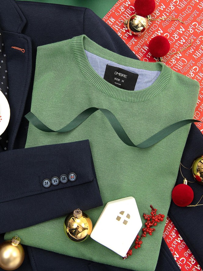 Męski sweter klasyczny z wiskozą BASIC z okrągłym dekoltem – zielony V13 OM-SWBS-0106 - XXL