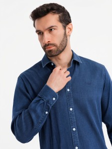 Męska jeansowa koszula z lyocellem oraz haftem na piersi – ciemnoniebieska V1 OM-SHDS-0180 - XXL