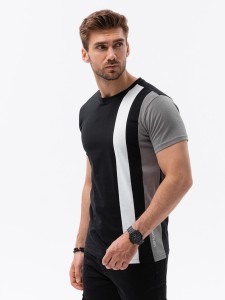 T-shirt męski z pionowymi kontrastowymi elementami - czarny V1 OM-TSCT-22SS-006 - XXL