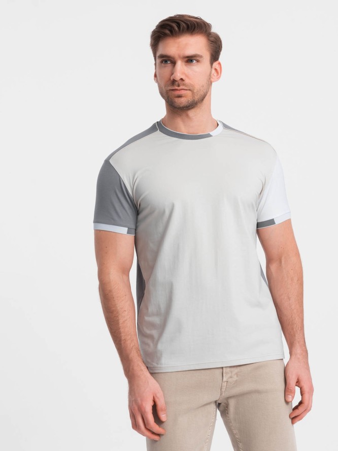 T-shirt męski z elastanem z kolorowymi rękawami - szary V4 OM-TSCT-0176 - XXL